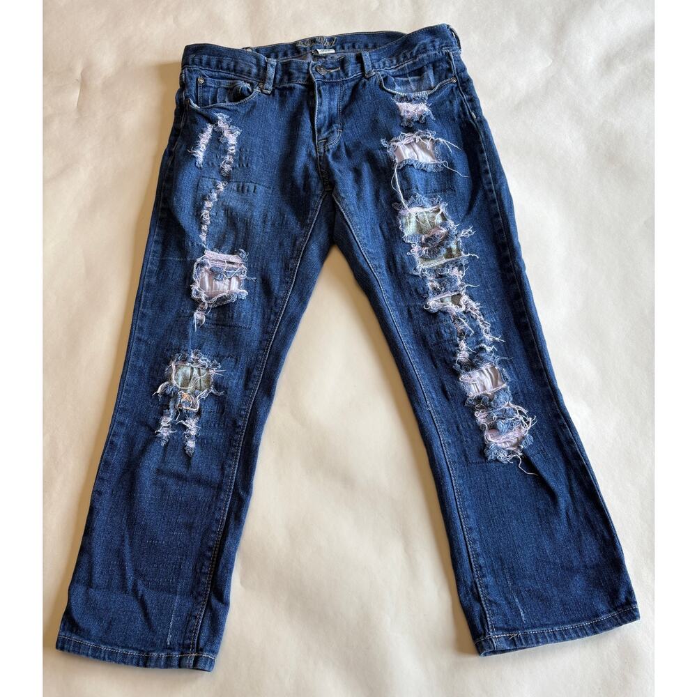 Red Rivet Straight Leg Crop Jeans Women Size 11 Distressed Fabric Patched Denim